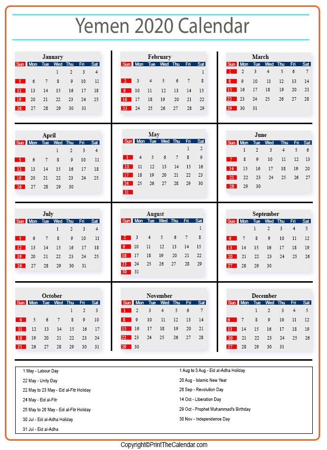 Yemen Calendar 2020